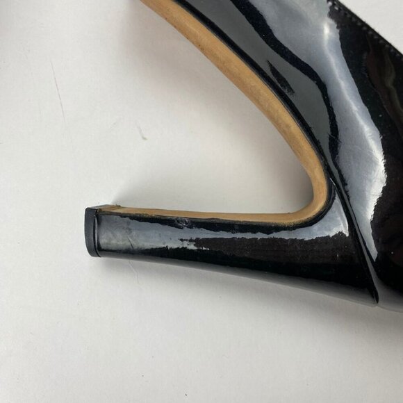 CHANEL Patent Silver Name Plate Chrome Logo Cap Toe Black Chunky Pumps Size 37.5 - Picture 9 of 10